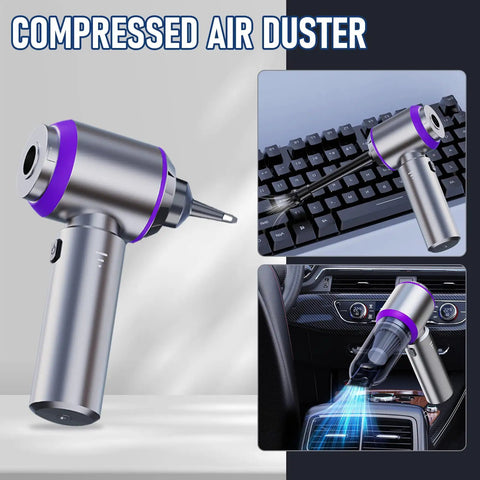 Cordless Handheld Car Vacuum With 20000Pa Max Suction showing air duster blower function on keyboard and car dashboard