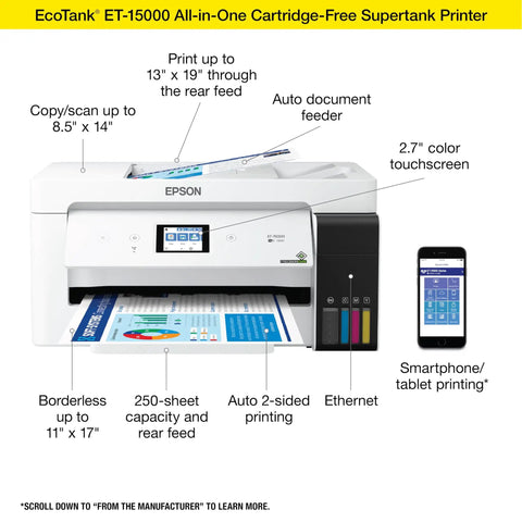 Front view of EcoTank Wireless Color All In One Printer With Scanner And Copier, Fax, Ethernet, Supertank System, Printing Up To 13 By 19 Inches, White Ideal For Home Office And Small Business Use, showing document feeder and touchscreen.