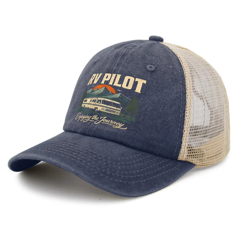 Funny RV Pilot Road Trip Camper Baseball Cap with RV design in blue
