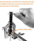 Brake line flaring tool kit by Amazon, front view; metallic clamp and screw for 3/16–1/2 in copper/aluminum tubing.