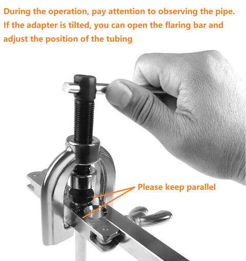 Brake line flaring tool kit by Amazon, front view; metallic clamp and screw for 3/16–1/2 in copper/aluminum tubing.