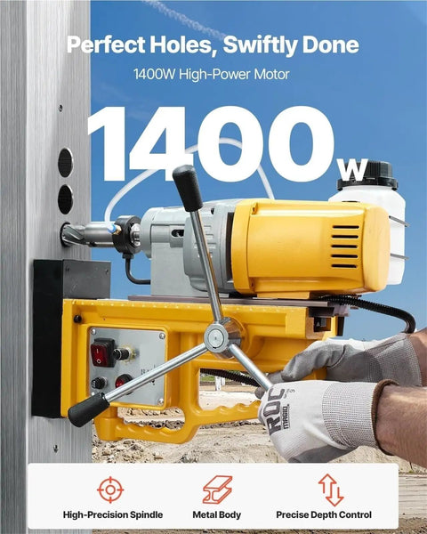 Heavy Duty Portable Magnetic Drill Press For Metal with 1400W motor, high-precision spindle, and sturdy metal body.