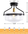 Industrial Black Flush Mount Ceiling Light Fixtures, 13.5 Inch Metal Farmhouse Ceiling Light With Clear Glass Shade