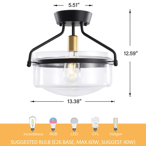 Industrial Black Flush Mount Ceiling Light Fixtures, 13.5 Inch Metal Farmhouse Ceiling Light With Clear Glass Shade