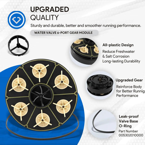 Six Port Module Kit Replacement For In Floor Pool Valve With Valve Shell O Ring 004302440800 Replacement Part That Plays Nice With PCC 2000 Paddock Cyclean Pool Valet PV3 Vanquish Vantage Andrews Advantage Systems, black plastic gear module with O-ring