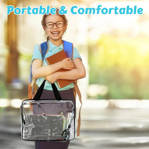 Smiling girl carrying books and a 4 Pack Clear PVC Toy Storage Bag With Zipper, ideal for organizing toys and school items.