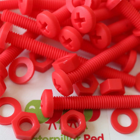 No Sweat 20 Piece Red Polypropylene Fastener Kit M6 X 60mm Phillips Pan Head Bolts With Nuts And Washers in red with smooth finish.
