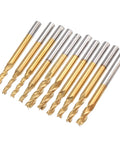 Front view: 10-piece Ti-coated end mill set, 3-flute, round shank for CNC engraving and milling.