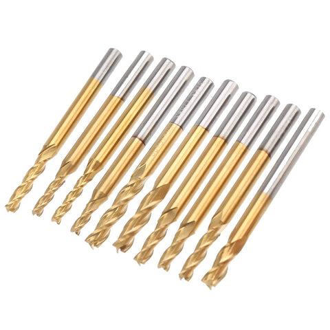 Set of 10 Ti-plated end mills with gold-coated flutes and steel shanks for CNC milling