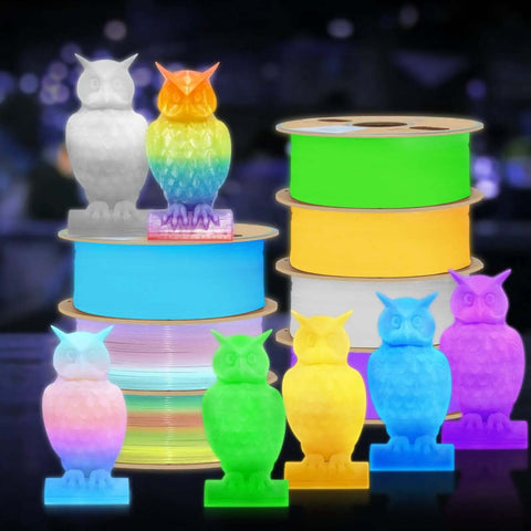Glow In The Dark 3D Printer Filament Bundle Multicolor PLA 1.75mm 250G X 4 Pack with owl prints in green, blue, purple, rainbow.