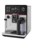 Top Tier Heavy Hitter Italian Fully Automatic Espresso Machine With Brushed Stainless Steel Housing Smart Glass Screen Pro Steam Wand and 19 Custom Brews For Serious Kickin Coffee Vibes Daily, featuring touch controls and dual water tanks.