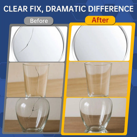 Before and after repair with Crystal Clear Glass Adhesive For Cracks And Repairs Heavy Duty Waterproof And Heat Resistant Glue