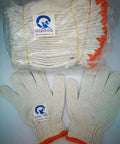 Durable Heavy Duty Cotton Polyester Work Gloves With Rock Solid Grip, 12 Pairs Thick String Knit Safety Gloves For Yard Mechanics Warehouse And Bbq Jobs in a packet with orange cuffs.
