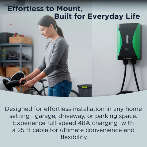Woman installing Sapphire Pro Level 2 EV Charger Lightning-Fast 240V 48A Hardwired NACS with 25Ft Cable in a garage