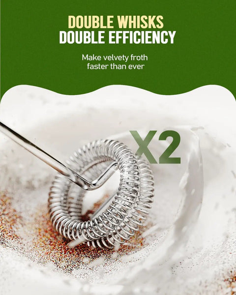 Rechargeable Handheld Milk Frother With Two Stainless Steel Whisk Heads And Three Speed Settings creating velvety foam