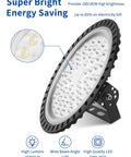Close-up view of Industrial High Bay LED Light 10 Pack 200W 20000LM UFO Flood Light 6500K Daylight IP65 Waterproof, highlighting energy savings