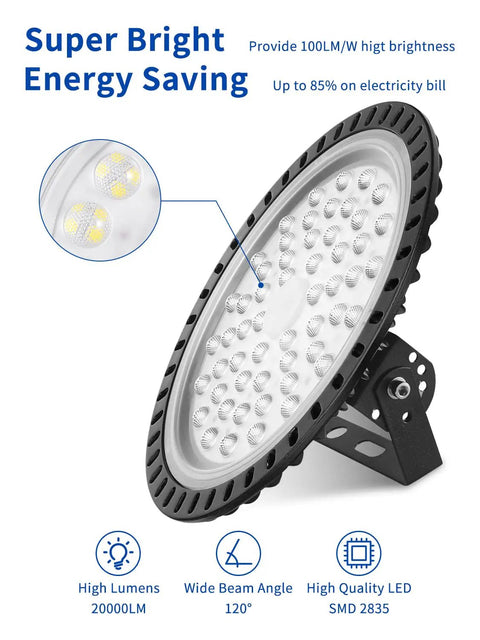 Close-up view of Industrial High Bay LED Light 10 Pack 200W 20000LM UFO Flood Light 6500K Daylight IP65 Waterproof, highlighting energy savings