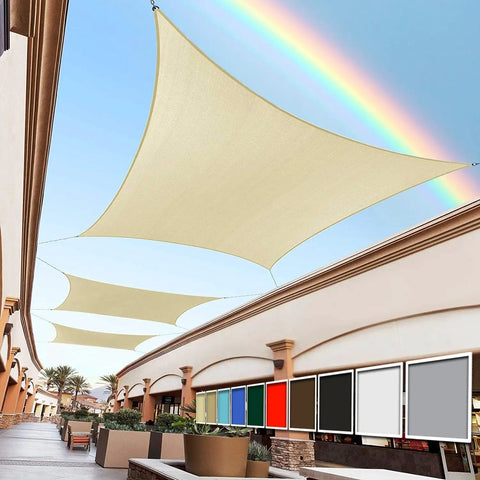 Beige 8x12 Rectangle Sun Shade Sail With UPF50 Plus 95 Percent UV Blockage, Beefy 200GSM Heavy Duty Canopy installed over patio