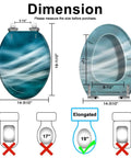 Dimensions of Elongated Quiet Close Toilet Seat for Bathroom with blue swirl design and sturdy hinges.