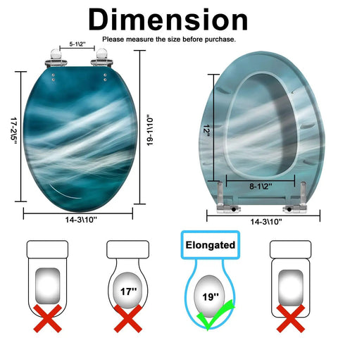 Dimensions of Elongated Quiet Close Toilet Seat for Bathroom with blue swirl design and sturdy hinges.