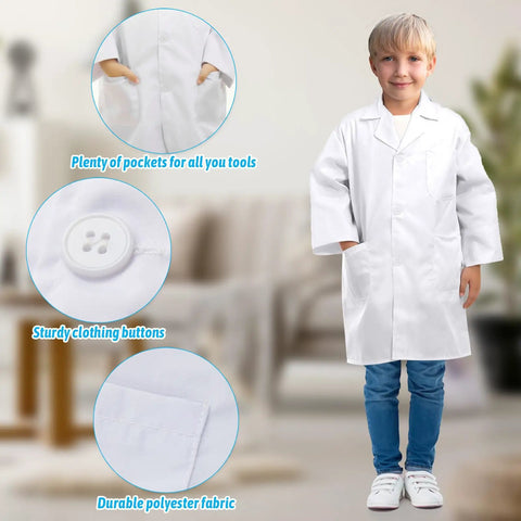Kids Lab Coat Doctor Costume For Halloween And Career Day Realistic White Coat For Boys And Girls Ages 7 To 9 Kid Friendly Role Play Dress Up Dream Big Comfortably Made From Polyester Cotton Fabric, features pockets and buttons