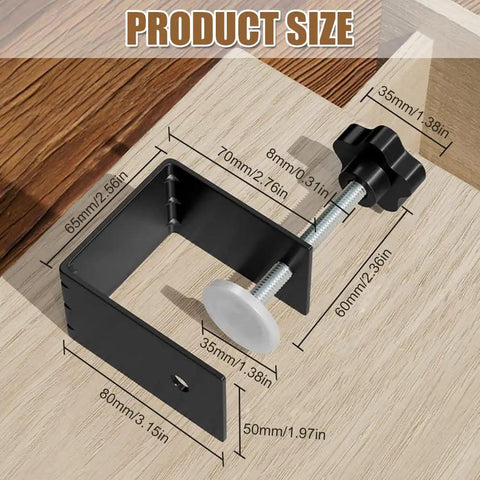 Universal Cabinet Hardware Jig C Clamp Kit Drawer Fixing Clips product size diagram on wood surface