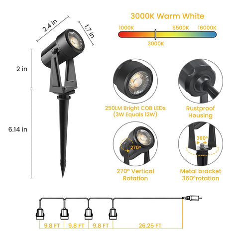 4 Pack Landscape Lighting Kit With Plug In Outdoor LED Spotlights Low Voltage 12V Transformer 3000K Warm White IP65 Waterproof