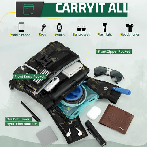 Open view of Hydration Vest With 2L Water Bladder, Adjustable Straps, Chest Pack For Running And Hiking showing storage capacity