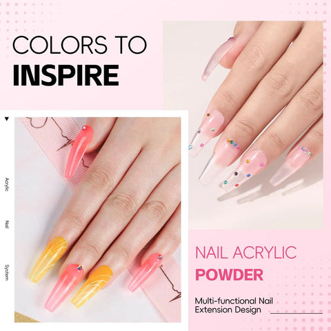 All-In-One Acrylic Nail Kit For Beginners With Drill And UV Light Includes Glitter Powders Rhinestones Gems And Essential Nail Art Tools For DIY Pro Grade Spa Quality Nails At Home showcasing colorful acrylic nail designs.
