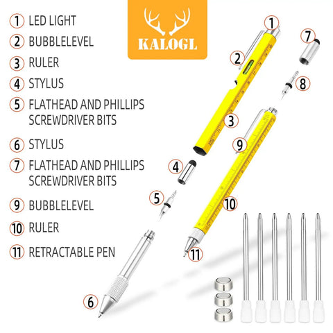 Multi Tool Pen Gift Set For Dad And Guys Stylus And Ballpoint Pen With 6 Refills 4 Inch Ruler Level Phillips Screwdriver LED Light