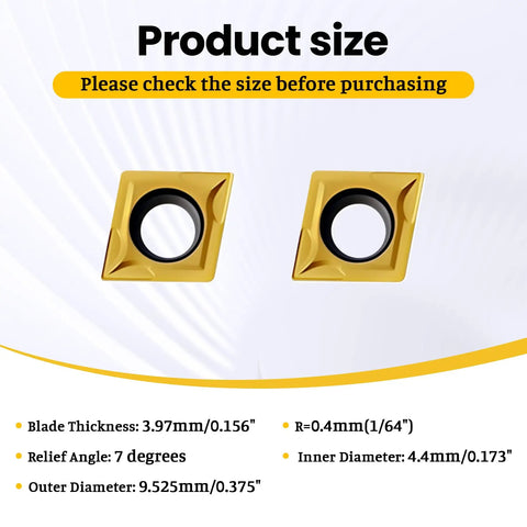 Carbide Turning Inserts Set 20Pcs CCMT32.51 CCMT09T304 Multilayer Coated size chart for steel machining with dimensions.