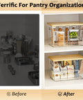 No Fuss Pantry Organizers With Bamboo Lids And Heavy Duty Trash Bag Dispenser For Four Through Thirteen Gallon Rolls Stackable Under Sink Storage Bins That Straight Up Keep Your Entire Kitchen Fly And Tidy - Before and After comparison of organized kitchen pantry.
