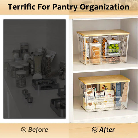 No Fuss Pantry Organizers With Bamboo Lids And Heavy Duty Trash Bag Dispenser For Four Through Thirteen Gallon Rolls Stackable Under Sink Storage Bins That Straight Up Keep Your Entire Kitchen Fly And Tidy - Before and After comparison of organized kitchen pantry.