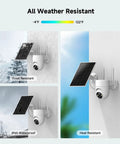 2K Solar Wireless Outdoor Security Cameras 2 Pack With 360 Degree Panoramic View Color Night Vision And Four Times Digital Zoom For Your Home Security Setup Works With 2.4GHz WiFi Only Weatherproof Outdoor Cameras mounted against various weather backgrounds.