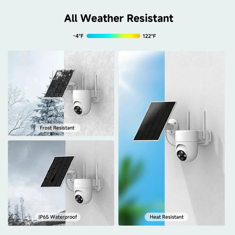 2K Solar Wireless Outdoor Security Cameras 2 Pack With 360 Degree Panoramic View Color Night Vision And Four Times Digital Zoom For Your Home Security Setup Works With 2.4GHz WiFi Only Weatherproof Outdoor Cameras mounted against various weather backgrounds.