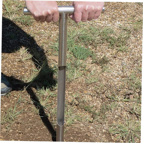 Heavy Duty Handle Soil Sampler Probe In Stainless Steel Pro Grade Durable And Lightweight Lawn Care Tool For Soil Testing Gardening Agriculture Golf Course Maintenance No Fuss Carry And Reusable shown in use.