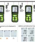 Workhorse Laser Distance Meter with 328 ft range showing front, middle, back reference points with measurement functions.