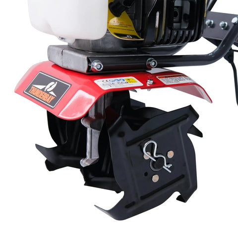 Close-up of 40Cc Gas Powered Tiller with Adjustable 4 Steel Tines and Compact Lightweight Rototiller features