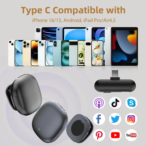AI Noise Filter Wireless Lavalier Microphone With Charging Case For iPhone 17 And Android shown with compatible devices.