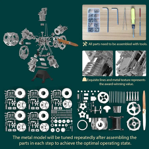 Hands-On 1:6 Five-Cylinder Radial Aircraft Engine Model Kit Premium Metal DIY Electric Engine With 250+ Parts Build Your Own Realistic Airplane Engine For Science Education And Teens, parts layout
