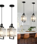 Next Level 2 Pack Matte Black Pendant Lights With Textured Water Ripple Glass For Kitchen Island And Dining Room Square Hanging Fixtures. 60-inch pendant lights with square textured glass.