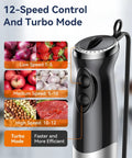 Powerful 1000W 5 In 1 Corded Immersion Hand Blender With 12 Speeds Includes Mixing Beaker Chopper Whisk Milk Frother And Emulsifier Boss Level Kitchen Helper For Soups Sauces Baby Food Purees showing speed controls and turbo mode
