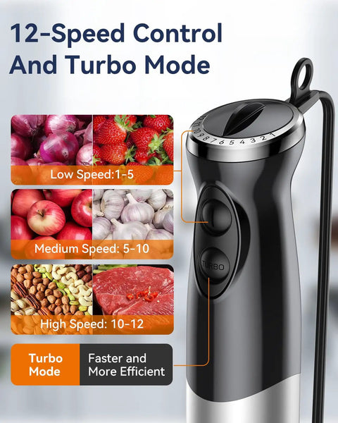 Powerful 1000W 5 In 1 Corded Immersion Hand Blender With 12 Speeds Includes Mixing Beaker Chopper Whisk Milk Frother And Emulsifier Boss Level Kitchen Helper For Soups Sauces Baby Food Purees showing speed controls and turbo mode