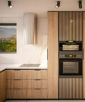 Modern kitchen with 10 Pack Finger Edge Pulls For Cabinets Matte Black showing on wood cabinetry, oven and scenic window view.