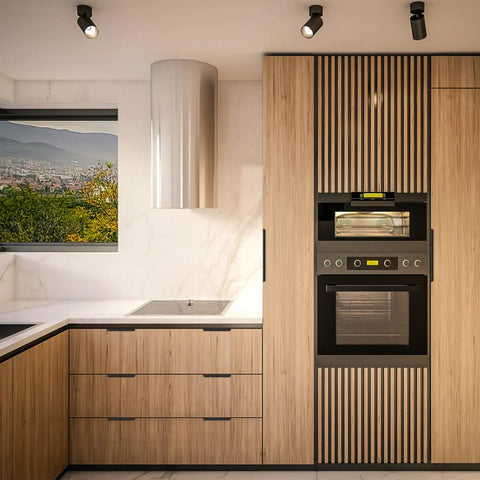 Modern kitchen with 10 Pack Finger Edge Pulls For Cabinets Matte Black showing on wood cabinetry, oven and scenic window view.