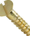 Close-up of Top Shelf Solid Brass Flat Head Wood Screw #5 X 1/2 Inch with traditional slotted drive, ideal for outdoor projects.