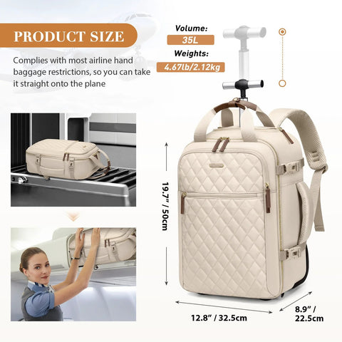Front view of apricot quilted rolling backpack with wheels and top handle
