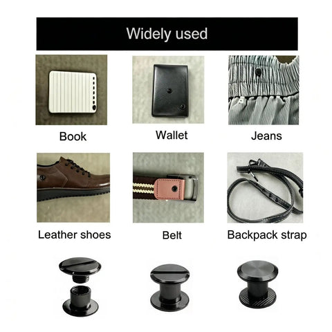Hella Durable Chicago Screws 200 Pieces Black Flathead Leather Rivets For Bags Belts And Photo Albums Quick Twist Setup Tight Grip Smooth Finish Real Talk Best Gear For Any Leather Craft Project 5Mm X 6Mm shown in applications like books, wallets, jeans, and backpacks.