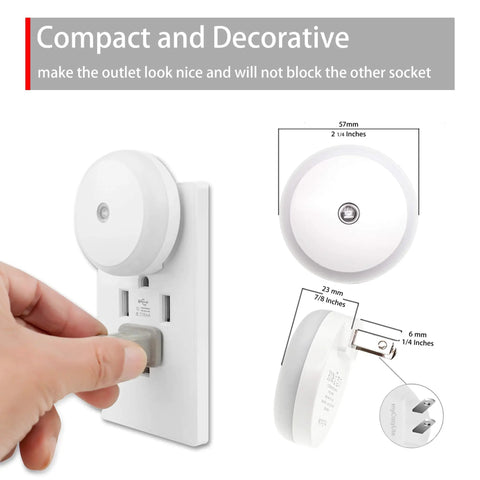 Blue LED Night Light Plug In Dusk To Dawn Sensor Small Round Nightlight showing compact design and plug dimensions