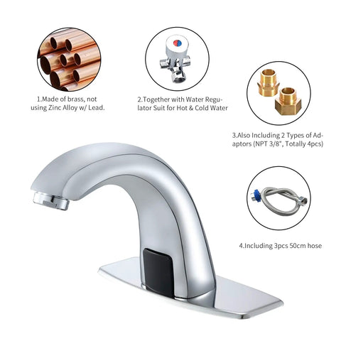 Touchless Sensor Bathroom Sink Faucet With Hole Cover Plate, Brass Automatic Tap, Temperature Mixer, chrome finish view